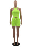 Fluorescent Green Casual Sportswear Solid Vests O Neck Sleeveless Two Pieces