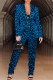 Royal Blue Fashion Casual Print Cardigan Pants Turndown Collar Long Sleeve Two Pieces