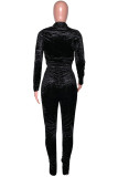 Black Sexy Solid Fold Zipper Collar Long Sleeve Two Pieces
