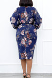 Green Fashion Casual Print With Belt O Neck Long Sleeve Dresses