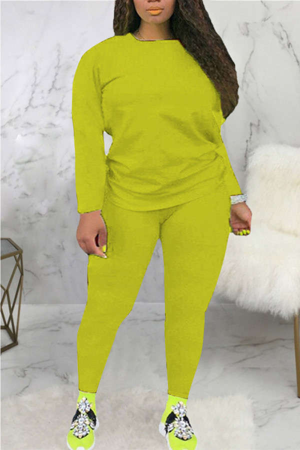 Yellow Fashion Casual Solid Basic O Neck Plus Size Set