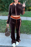 Deep Coffee Casual Solid Patchwork Zipper Zipper Collar Long Sleeve Two Pieces