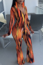 Orange Casual Print Split Joint V Neck Boot Cut Jumpsuits