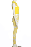 Yellow Street Print Patchwork Turndown Collar Sleeveless Two Pieces