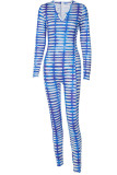 Blue Fashion Casual Print Basic V Neck Skinny Jumpsuits