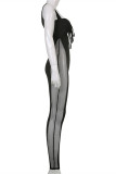 Black Sexy Casual Patchwork Bandage See-through Square Collar Skinny Jumpsuits