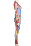 Blue Sexy Casual Print Tie Dye See-through O Neck Long Sleeve Two Pieces