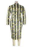 Yellow Fashion Casual Print Basic Zipper Collar Long Sleeve Plus Size Dresses