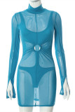 Blue Fashion Sexy Solid See-through Turtleneck Long Sleeve Two Pieces