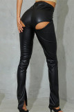 Rose Red Fashion Sexy Solid Hollowed Out Slit Regular High Waist Trousers