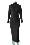 Red Fashion Casual Solid Basic Turtleneck Long Sleeve Dresses