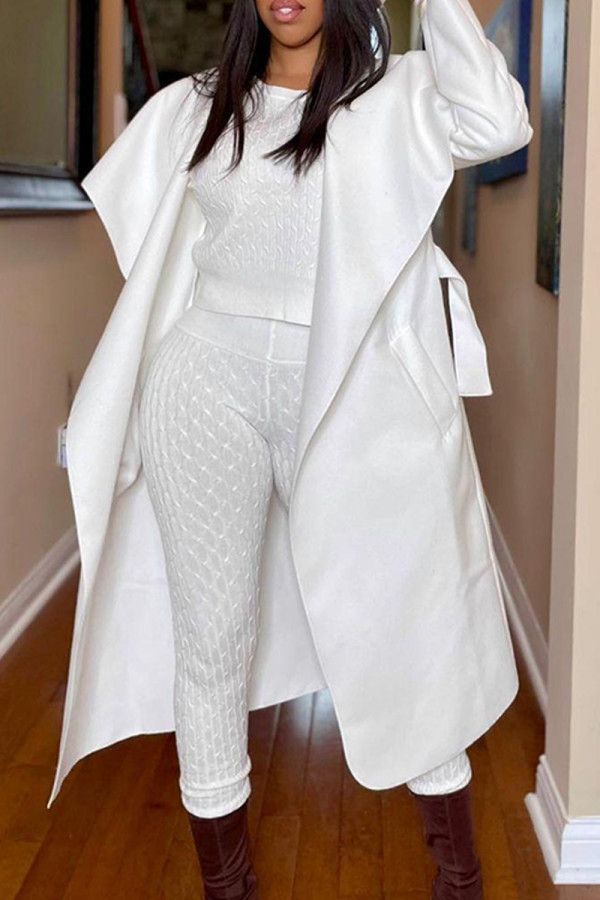 White Fashion Casual Solid Cardigan Turndown Collar Outerwear