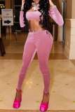 Pink Sexy Solid Hollowed Out Off the Shoulder Long Sleeve Two Pieces