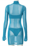 Blue Fashion Sexy Solid See-through Turtleneck Long Sleeve Two Pieces