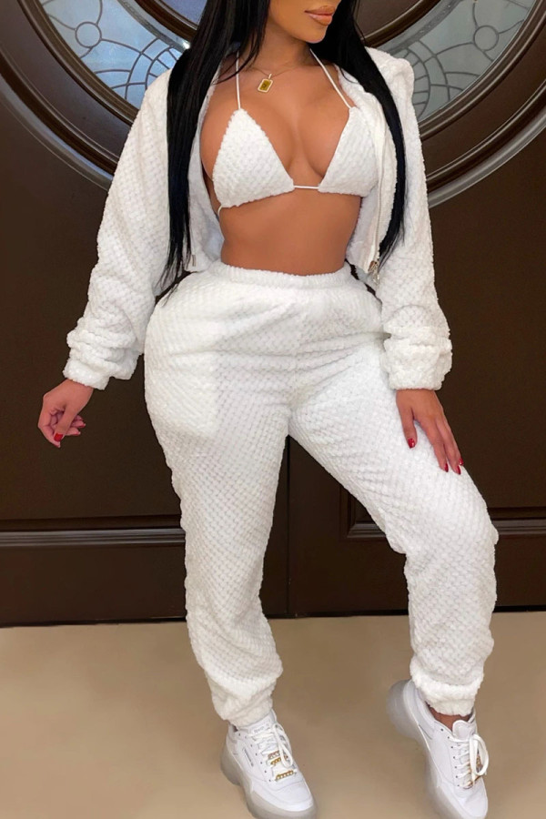White Sexy Solid Patchwork Zipper Zipper Collar Long Sleeve Three Pieces