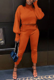 Orange Daily Solid Patchwork Turtleneck Long Sleeve Two Pieces