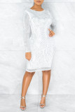 White Fashion Casual Hot Drilling Patchwork O Neck Long Sleeve Dresses