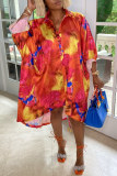 Red Fashion Casual Print Basic Turndown Collar Long Sleeve Dresses