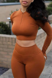 Orange Casual Sportswear Solid Basic Zipper Collar Long Sleeve Two Pieces