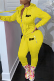Fluorescent Yellow Fashion Casual Letter Print Solid Color Hooded Collar Long Sleeve Two Pieces