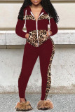 Burgundy Fashion Casual Print Patchwork Zipper Collar Long Sleeve Two Pieces
