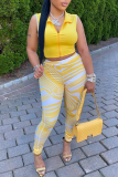 Yellow Street Print Patchwork Turndown Collar Sleeveless Two Pieces