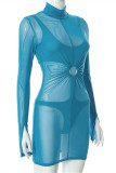 Blue Fashion Sexy Solid See-through Turtleneck Long Sleeve Two Pieces