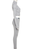 Grey Sexy Solid Patchwork Zipper Collar Long Sleeve Two Pieces