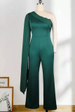 Green Casual Solid Split Joint One Shoulder Boot Cut Jumpsuits