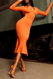 Orange Fashion Casual Solid Patchwork V Neck Long Sleeve Dresses