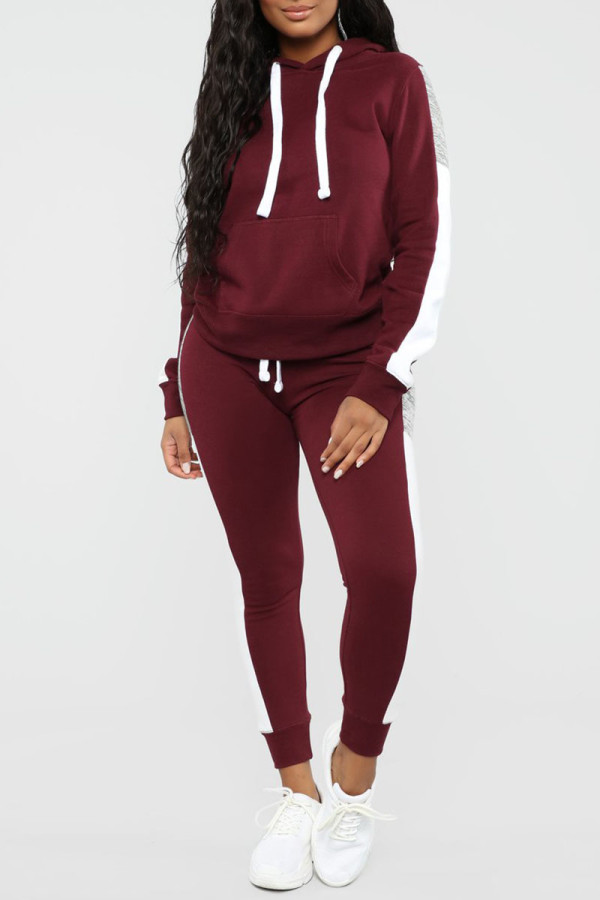 Burgundy Casual Solid Patchwork Hooded Collar Long Sleeve Two Pieces