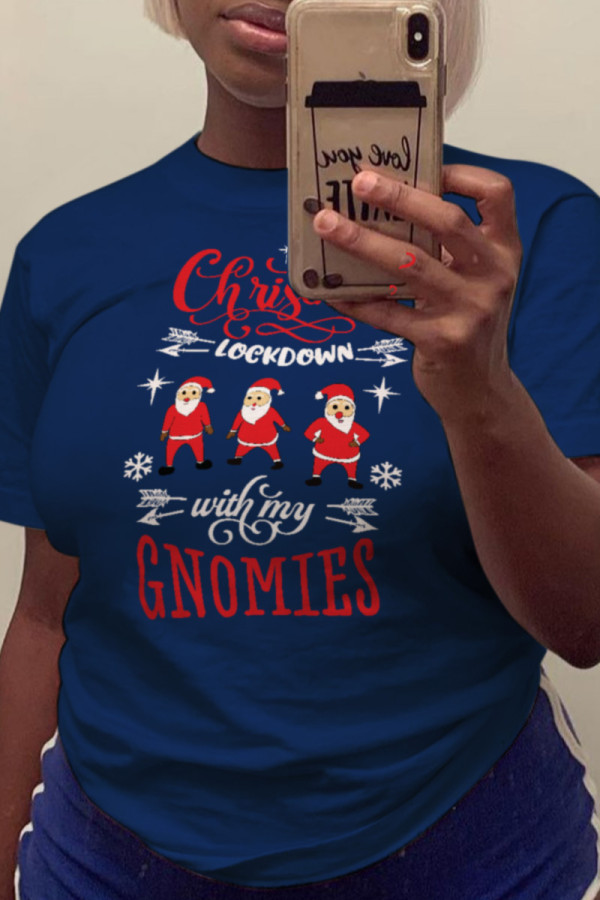 Navy Blue Casual Party Print Patchwork O Neck T-Shirts