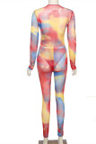 Blue Sexy Casual Print Tie Dye See-through O Neck Long Sleeve Two Pieces