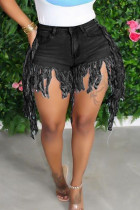 Black Fashion Casual Solid Tassel Regular Mid Waist Plus Size Jeans