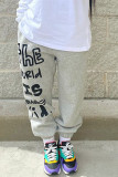 Grey Fashion Casual Letter Print Basic Regular Mid Waist Trousers