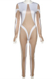 Khaki Fashion Sexy Patchwork See-through O Neck Skinny Jumpsuits