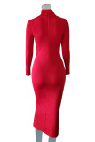 Red Fashion Casual Solid Basic Turtleneck Long Sleeve Dresses