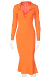 Orange Fashion Casual Solid Patchwork V Neck Long Sleeve Dresses