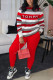 Red Street Print Patchwork O Neck Long Sleeve Two Pieces