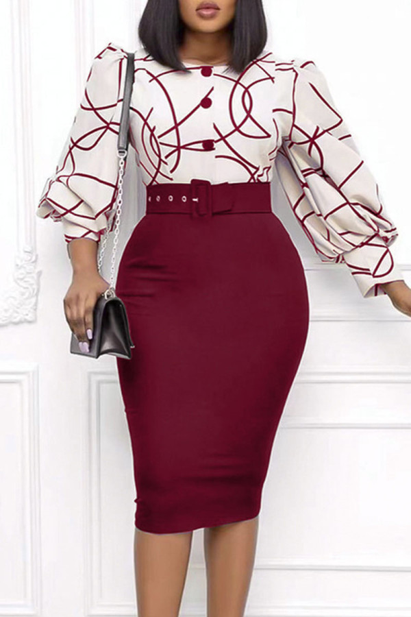Red Celebrities Print Patchwork Buttons O Neck Pencil Skirt Dresses