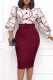 Red Celebrities Print Patchwork Buttons O Neck Pencil Skirt Dresses