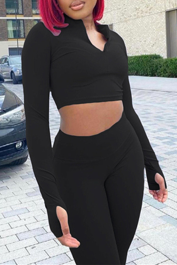 Black Casual Sportswear Solid Basic Zipper Collar Long Sleeve Two Pieces