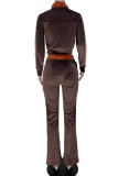 Deep Coffee Casual Solid Patchwork Zipper Zipper Collar Long Sleeve Two Pieces