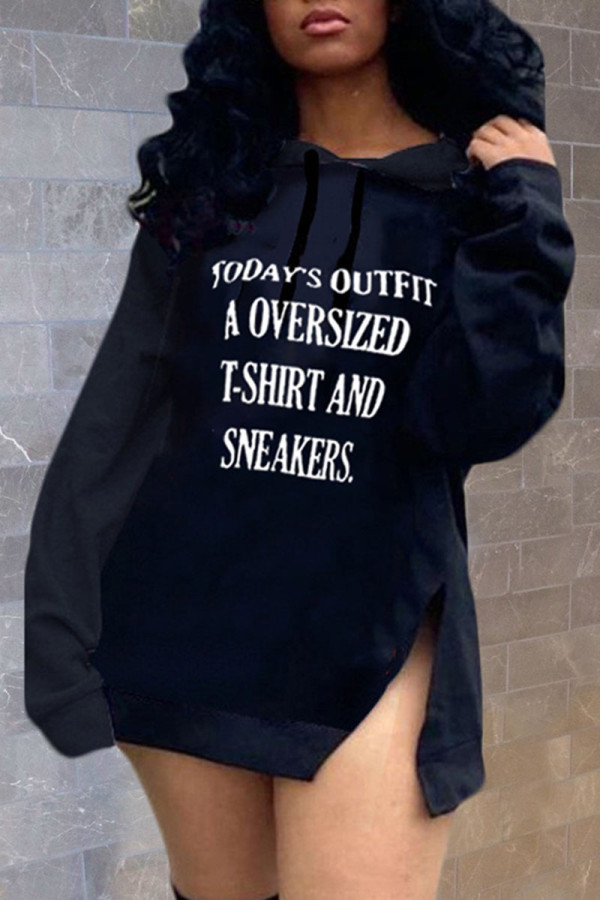 Black Casual Street Letter Print Patchwork Slit Hooded Collar Long Sleeve Dresses