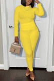 Yellow Casual Sportswear Solid Basic O Neck Long Sleeve Two Pieces