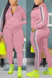 Pink Fashion Casual Zipper Collar Long Sleeve Regular Sleeve Patchwork Plus Size Set
