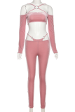 Pink Sexy Solid Hollowed Out Off the Shoulder Long Sleeve Two Pieces