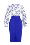 Red Celebrities Print Patchwork Buttons O Neck Pencil Skirt Dresses