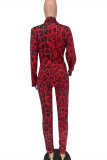 Burgundy Fashion Casual Print Cardigan Pants Turndown Collar Long Sleeve Two Pieces