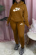 Coffee Fashion Sportswear Print Patchwork Hooded Collar Long Sleeve Two Pieces